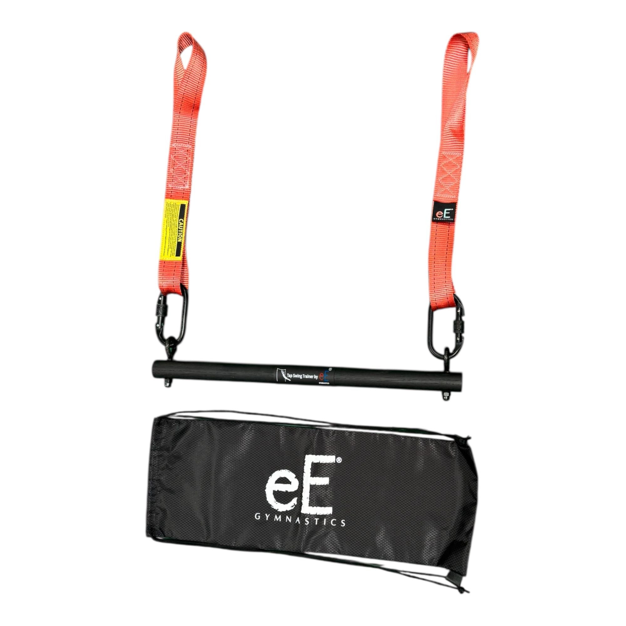 Gymnastics training bar with orange straps and carrying bag on a white background