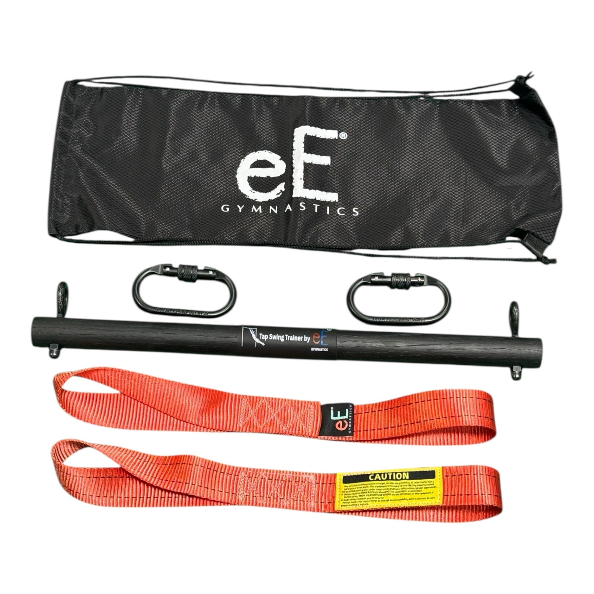 Gymnastics equipment set with a black bag, bar, and red strap on a white background